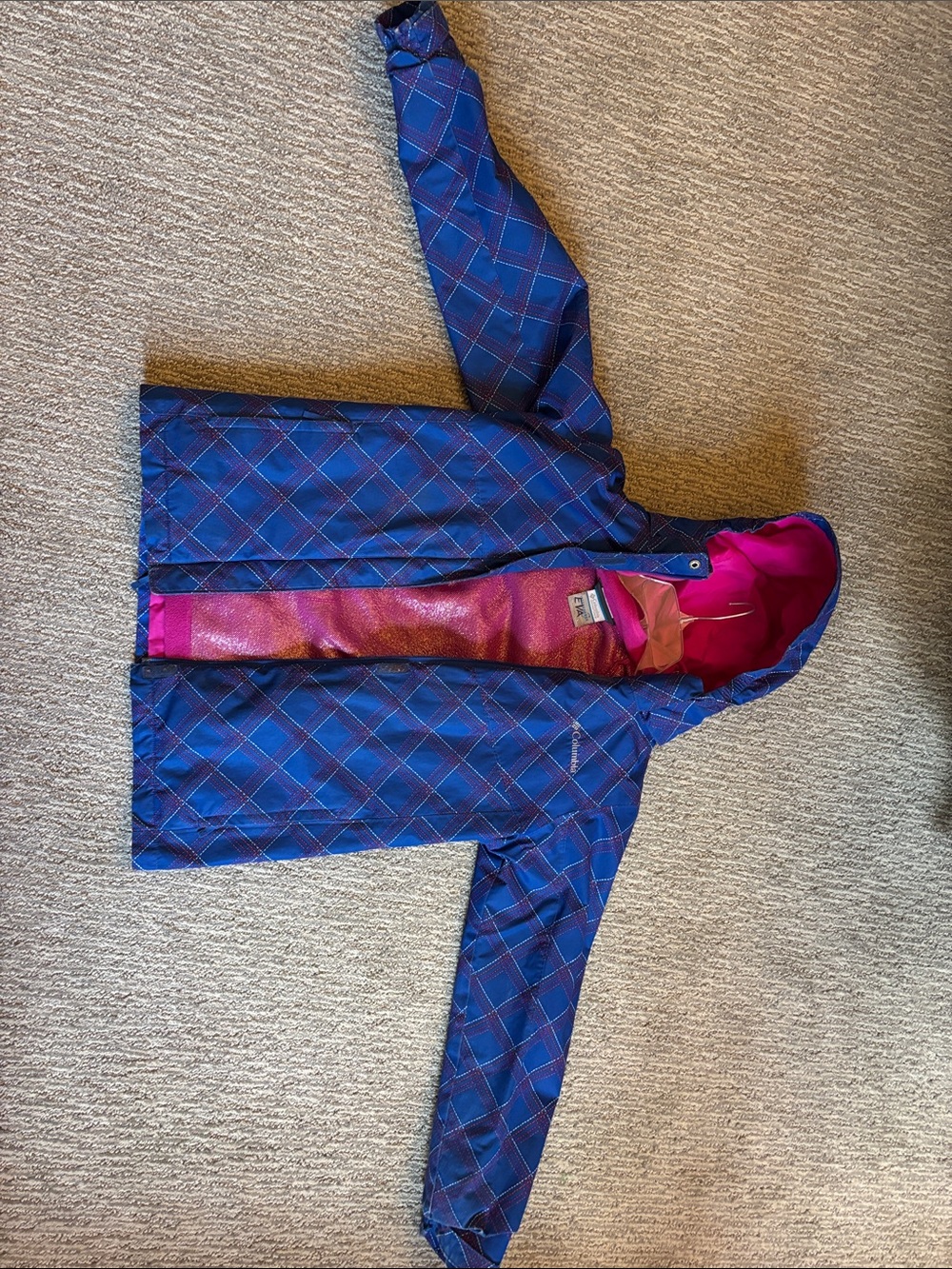 Girls' Columbia Blue Plaid Hooded Winter Jacket with Pink Fleece Lining